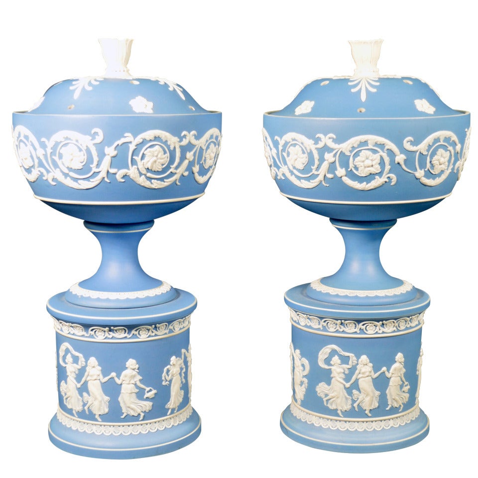 Pair of Adams White Jasper with Blue Jasper Dip Urns, Covers and Stands