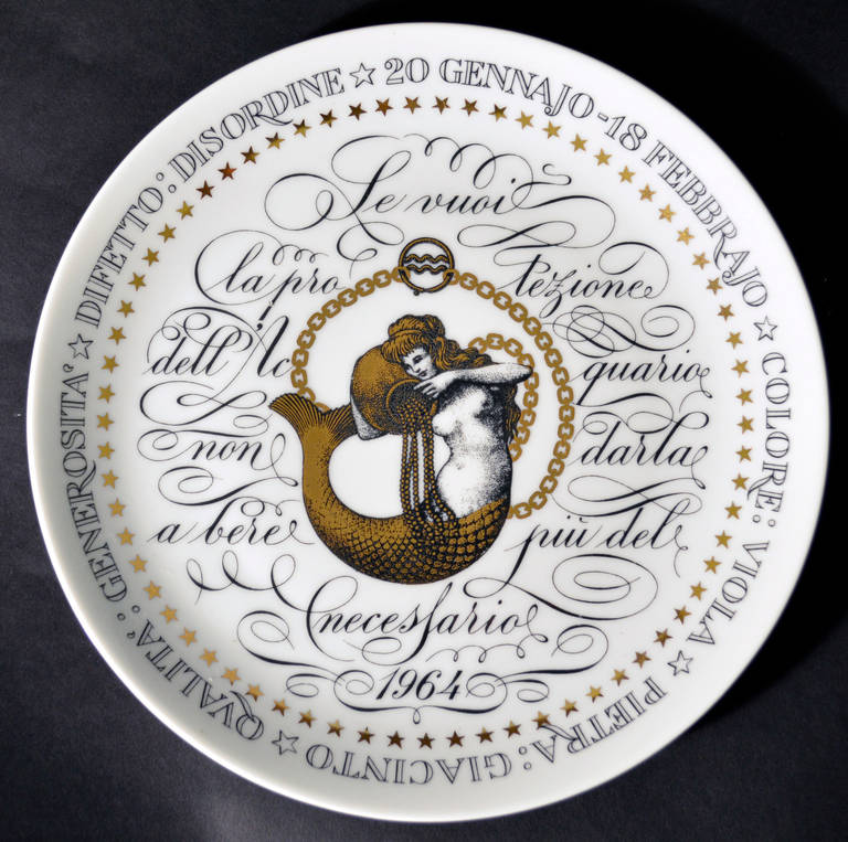 Fornasetti Milano/Made in Italy for Perugia-Special edition

Serie Zodiaci- plates icluding: Libra (1972), Socrpio (1973), Capricorn (1963), Sagittarius (1974), Aquarius (1964), Aries (1966), Taurus (1967), Gemini (1968) & Virgo (1971)

Piero