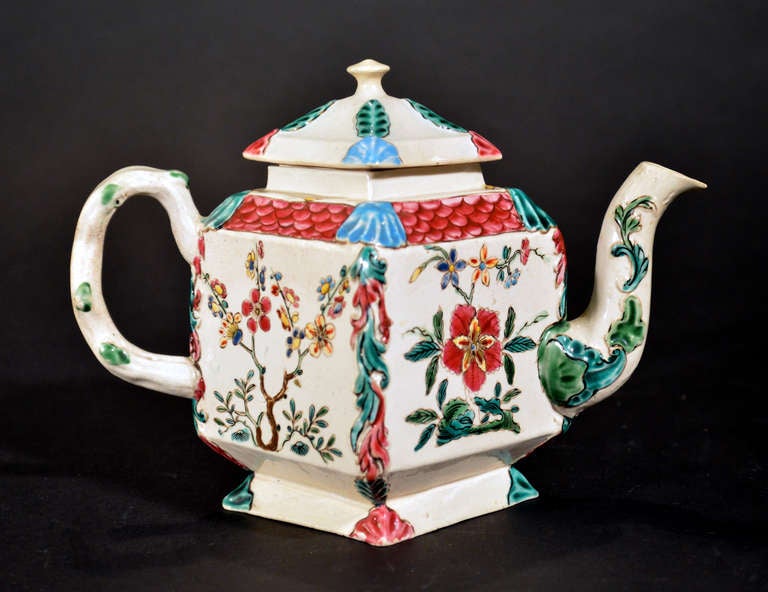 Rare Staffordshire Enamelled Salt-Glazed Diamond-Shaped Teapot & Cover