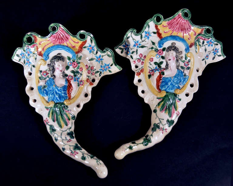 A Fine Pair of English Salt-glazed Cornucopia Wall Pockets