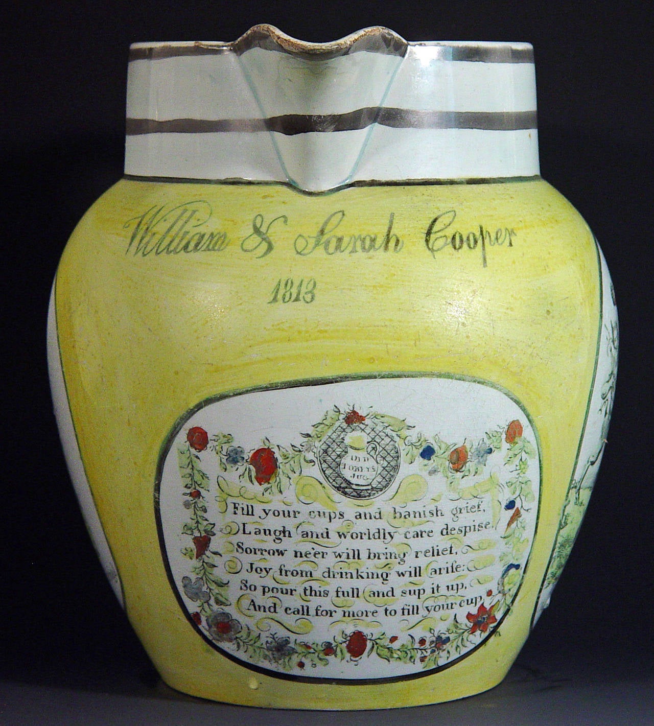 English Documentary Pearlware Yellow-Ware Napoleonic Jug, Dated 1813 In Good Condition In Downingtown, PA