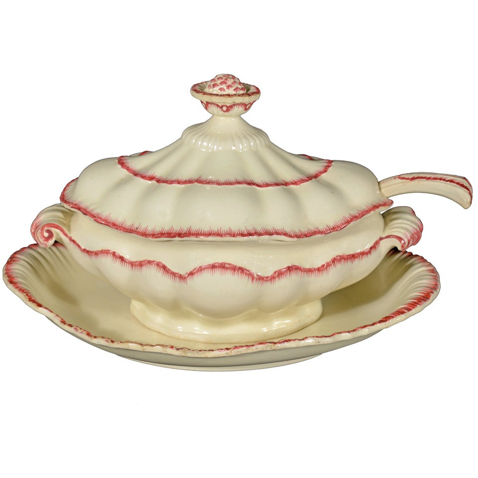 English Creamware Sauce Tureen, Cover and Stand with the Original Ladle.