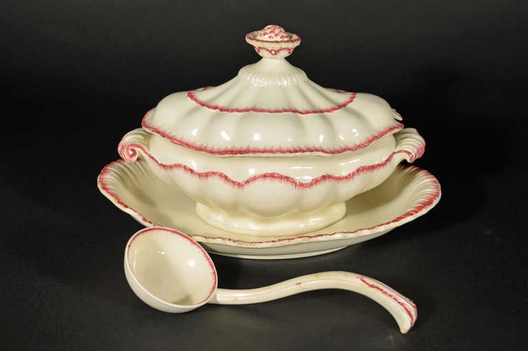 British English Creamware Sauce Tureen, Cover and Stand with the Original Ladle.