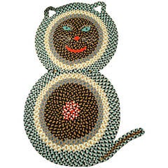 Vintage American Folk Art Braided Rug in the Form of a Cat of Large Size.