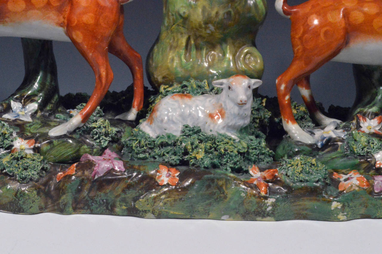 Regency Staffordshire Pearlware Deer and Doe Large Deer Park Spill Vase Group