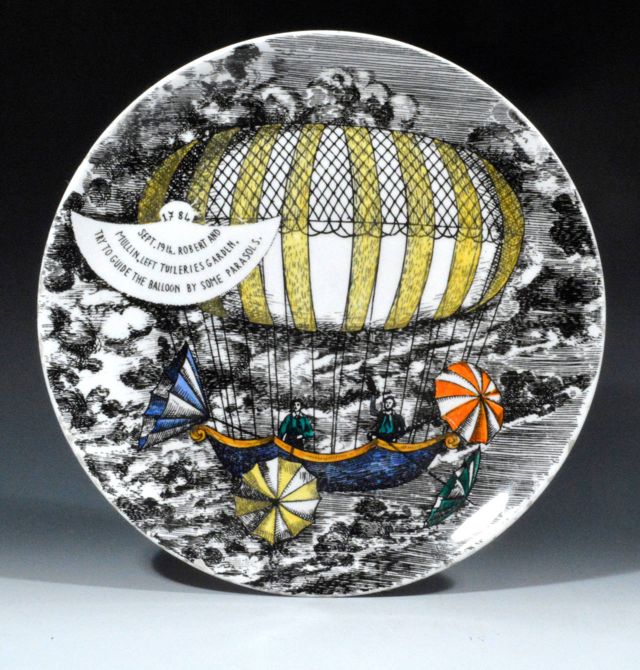 Italian Piero Fornasetti Porcelain Plates with the Mongolfiere (Hot Air) Design