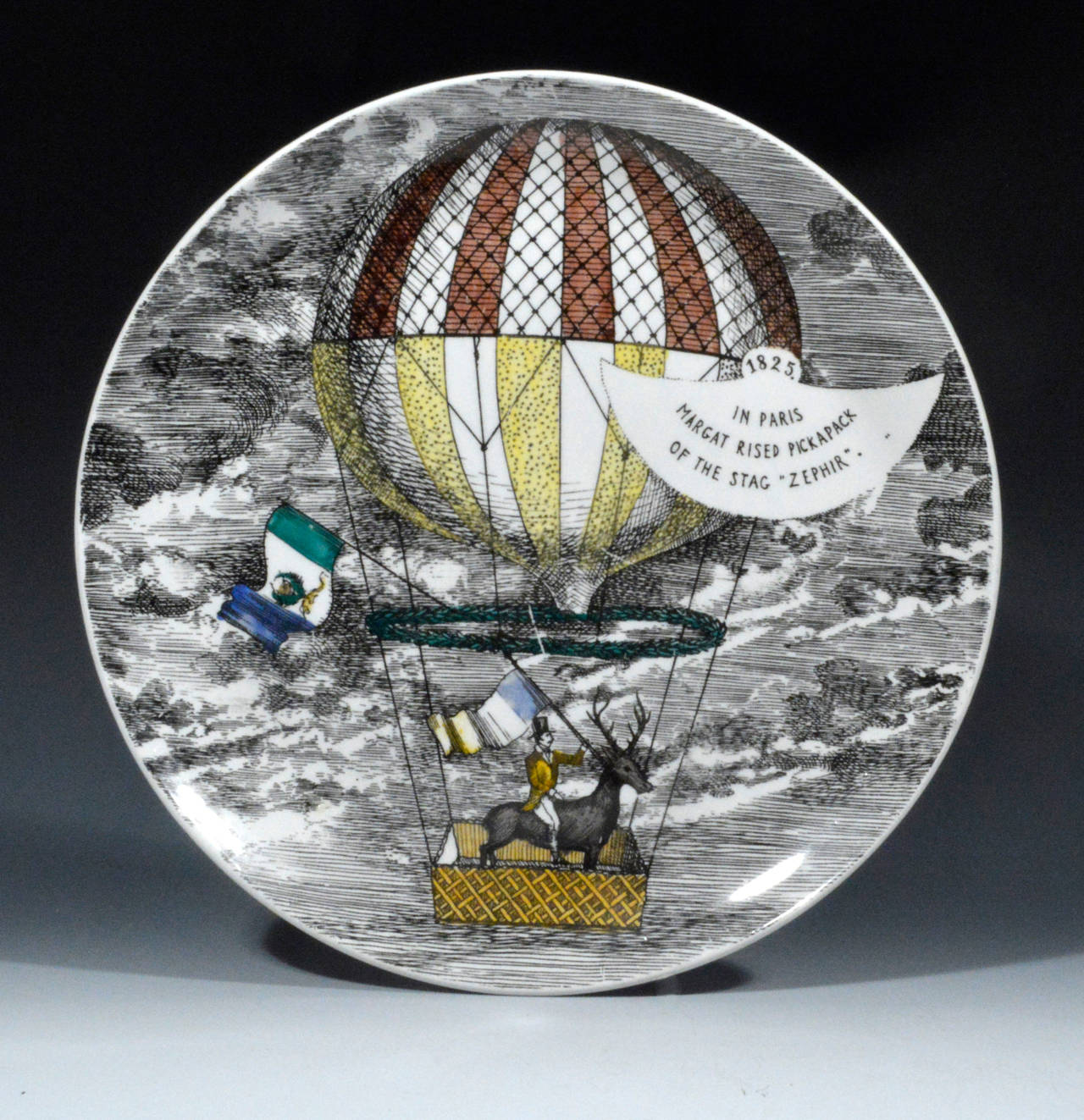 Piero Fornasetti Porcelain Plates with the Mongolfiere (Hot Air) Design In Excellent Condition In Downingtown, PA