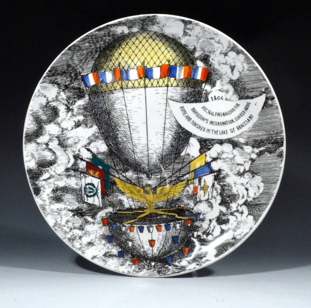 Mid-20th Century Piero Fornasetti Porcelain Plates with the Mongolfiere (Hot Air) Design