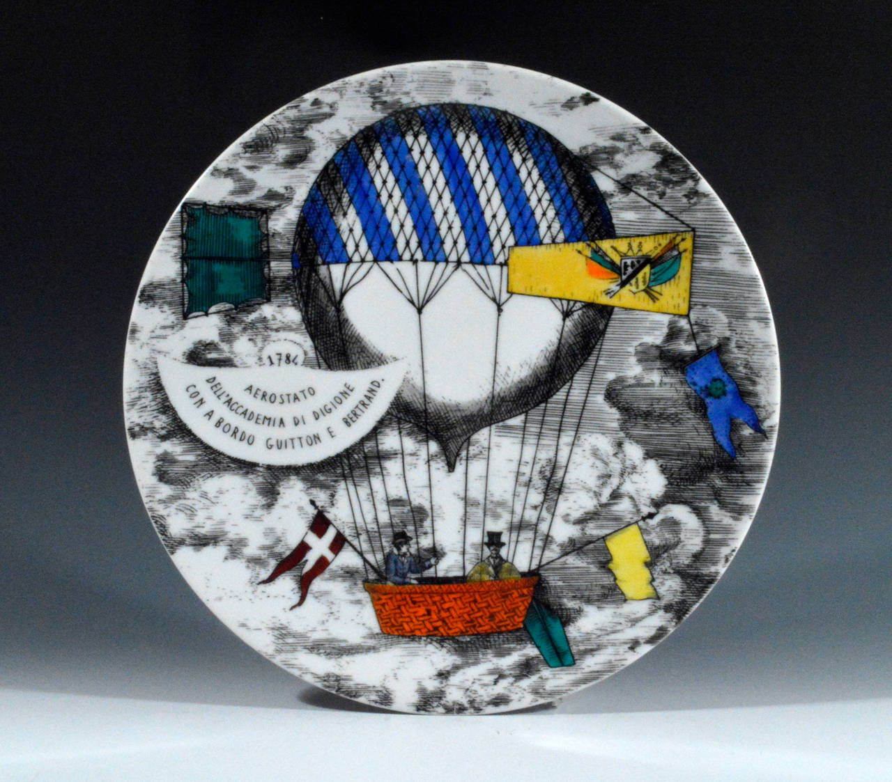 Mid-Century Modern Piero Fornasetti Porcelain Plates with the Mongolfiere (Hot Air) Design