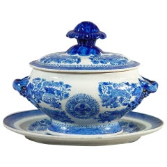 Chinese Export Blue Enamel Fitzhugh Sauce Tureen, Cover and Stand