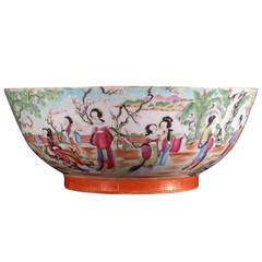 Antique Chinese Export Rose Canton Porcelain Punch Bowl, Dated 1821.