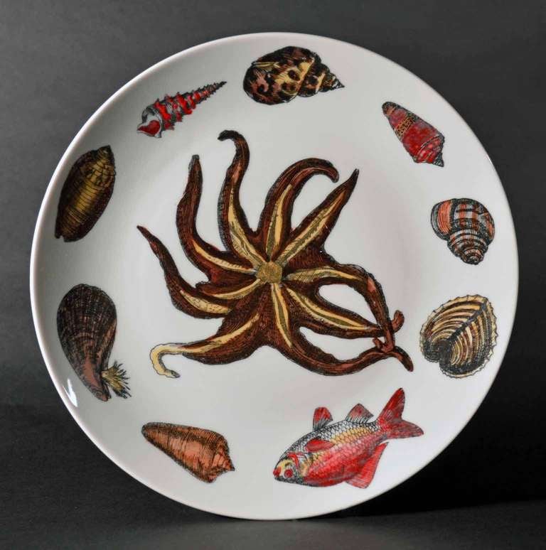 Eight Rare Piero Fornasetti Dishes Decorated with Sea Anemones, Urchins & Shells In Excellent Condition In Downingtown, PA