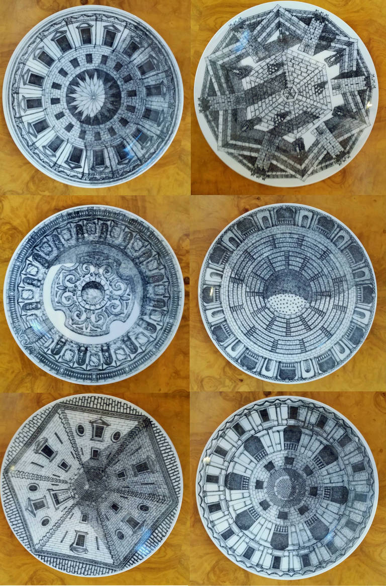 The striking plates depict various courtyard (Cortili) scenes.

Marks: manufacturer's marks and numbered 1-6.

Reference:  Fornasetti: The Complete Universe, Edited by Barnaba Fornasetti, Page 617, #170.