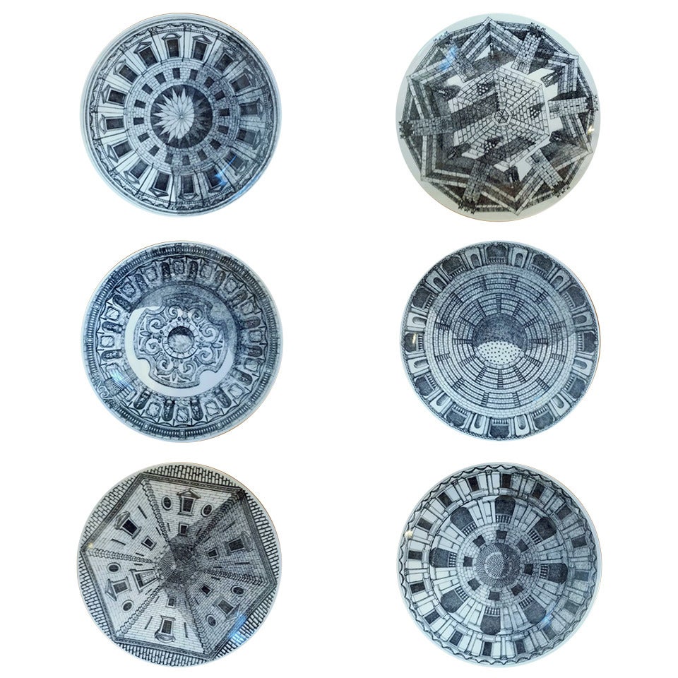Set of Six Piero Fornasetti Cortili Porcelain Plates.