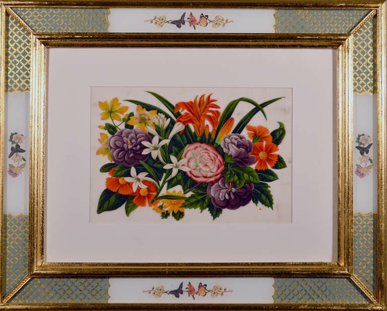 By Sunqua, 

The finely painted watercolours depict dense grouping of cut flowers.  Each is different and they are all within an ivory mat and a decoupage and eglomise frame.

Dimensions: 15 1/4 inches high x 18 3/4 inches