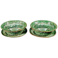 A Pair of Chinese Export Green Fitzhugh Reticulated Baskets & Stands