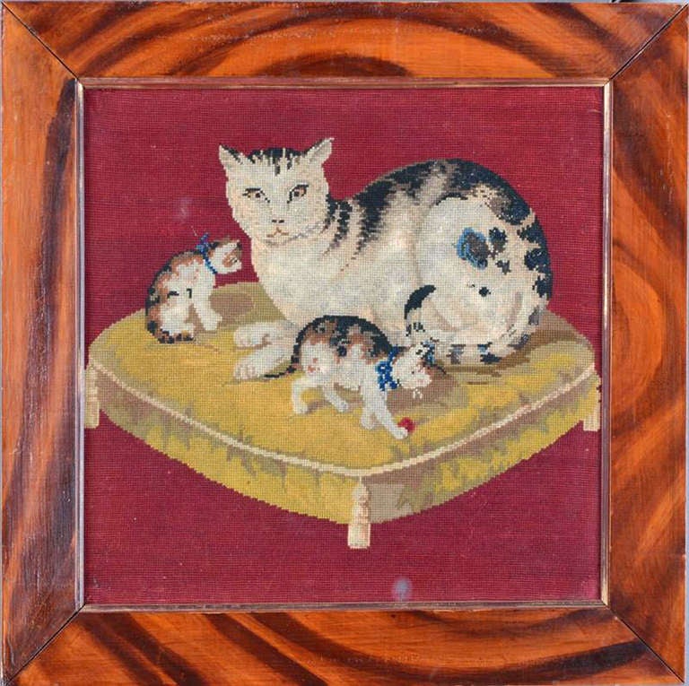 A Pair of English Needlework Pictures of Cat & Dog