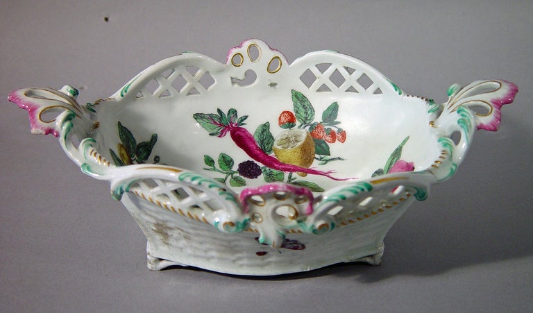 18th c. Chelsea Fruit and Vegetable Decorated Footed Basket