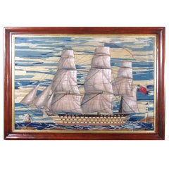 A Fine Sailor's Woolwork Picture of a 1st Rate Royal Navy Battleship, 