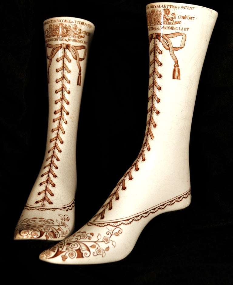 Rare Pair of English Earthenware  Drying Lasts, in Form of Boot.