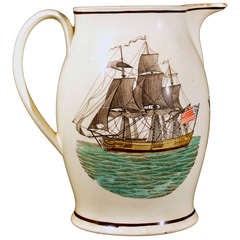 Antique A Liverpool American-Market Creamware Jug with an American Frigate