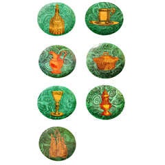Seven Large Piero Fornasetti Malachite Plates with Gilt Decoration