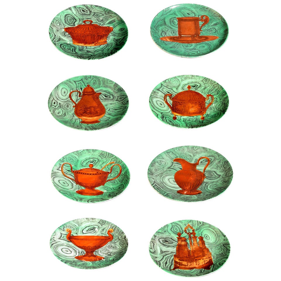 Eight Piero Fornasetti Malachite Plates with Gilt Decoration