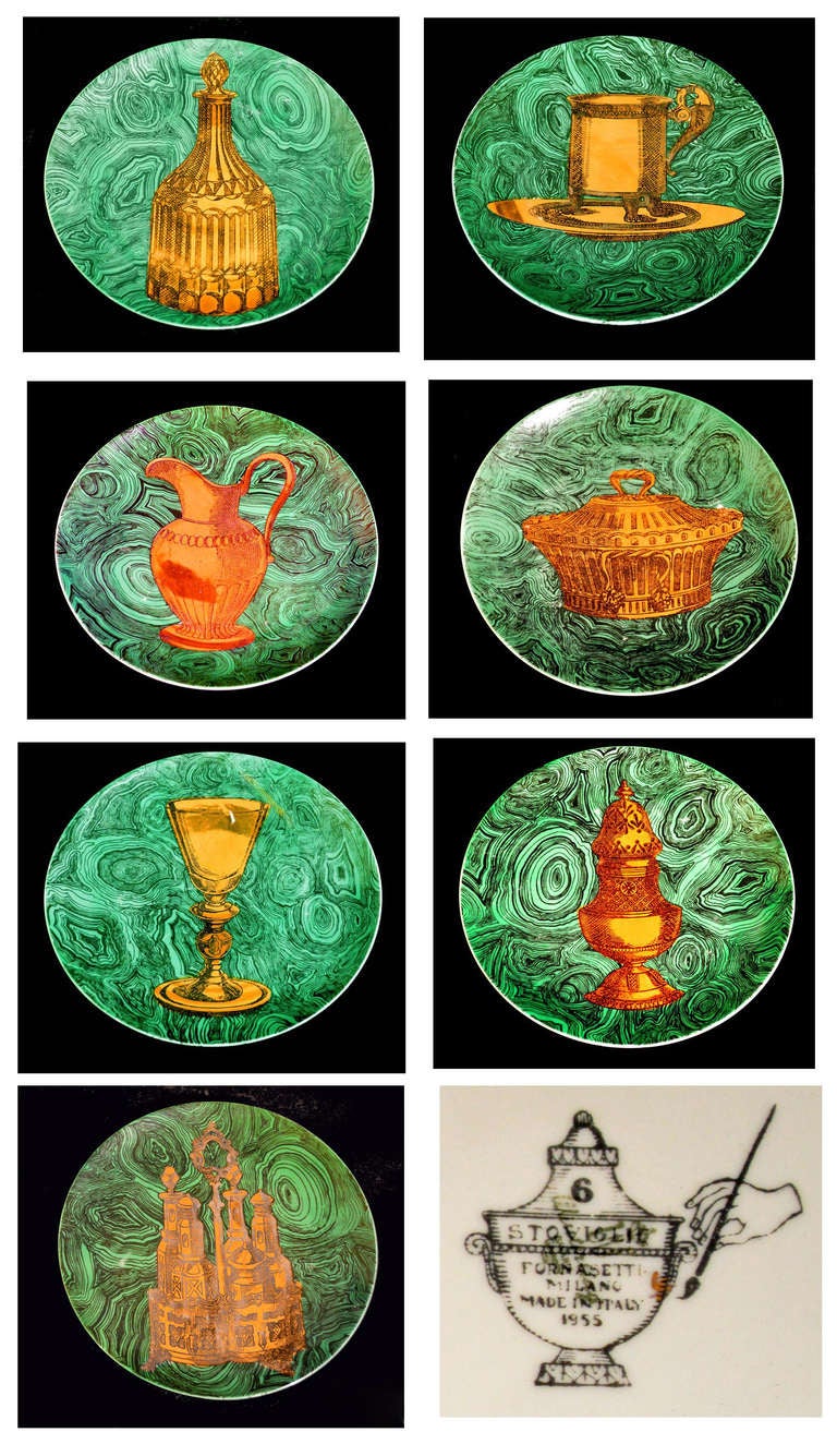 Seven Large Piero Fornasetti Malachite Plates with Gilt Decoration