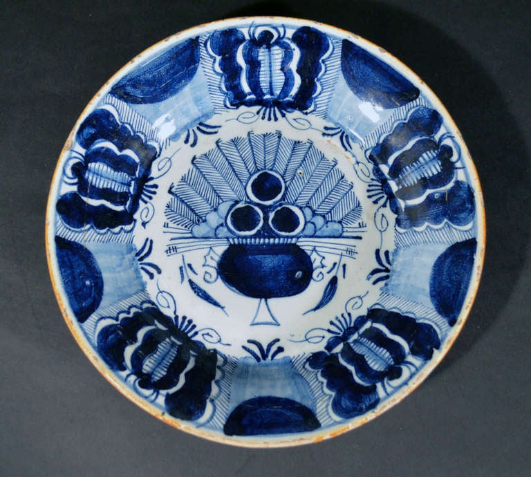 18th Century and Earlier A Set of Six Dutch Delft Underglaze Blue Peacock Plates