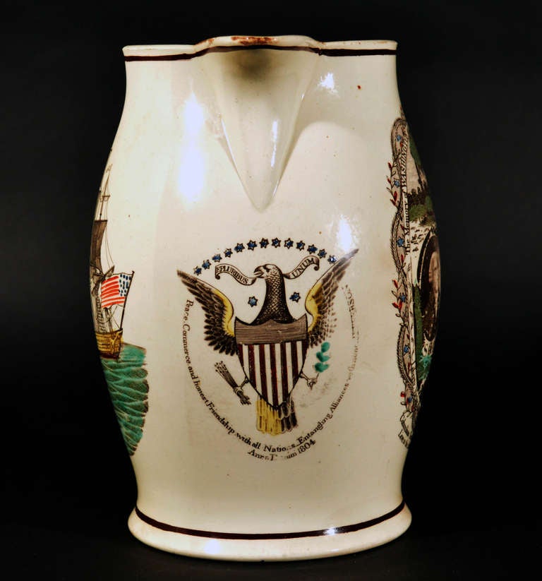 British A Liverpool American-Market Creamware Jug with an American Frigate
