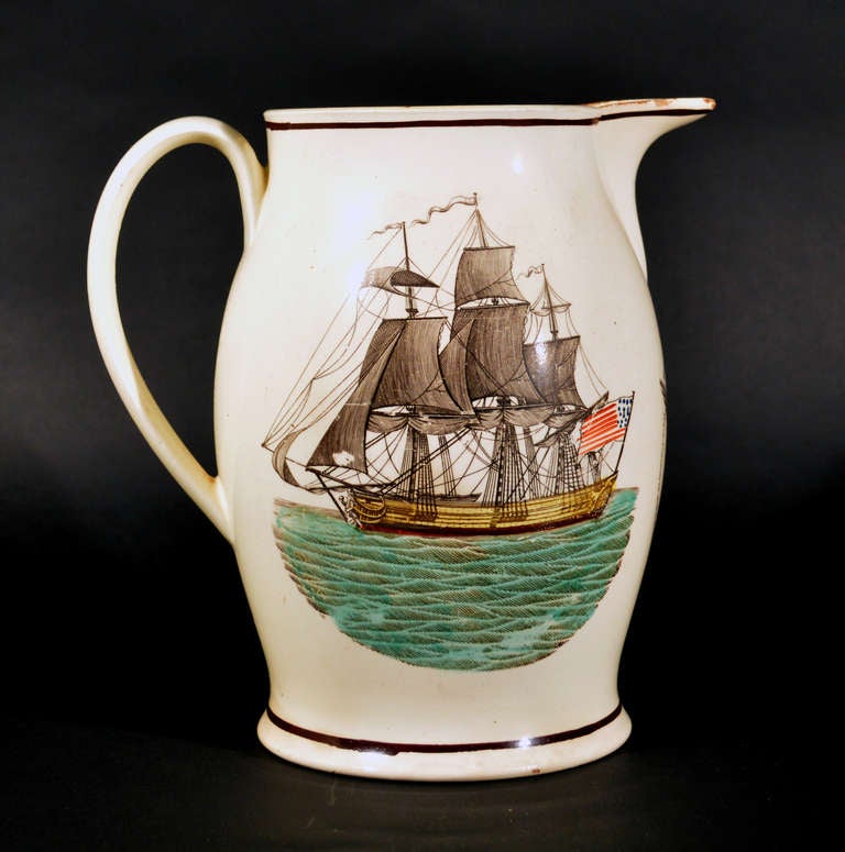 On the reverse the Proscribed Patriots of America,
Dated 1804.

The creamware jug is printed and coloured with one side The Memory of WASHINGTON and the Proscribed PATRIOTS of AMERICA, on the other with an American ship and under the spout the