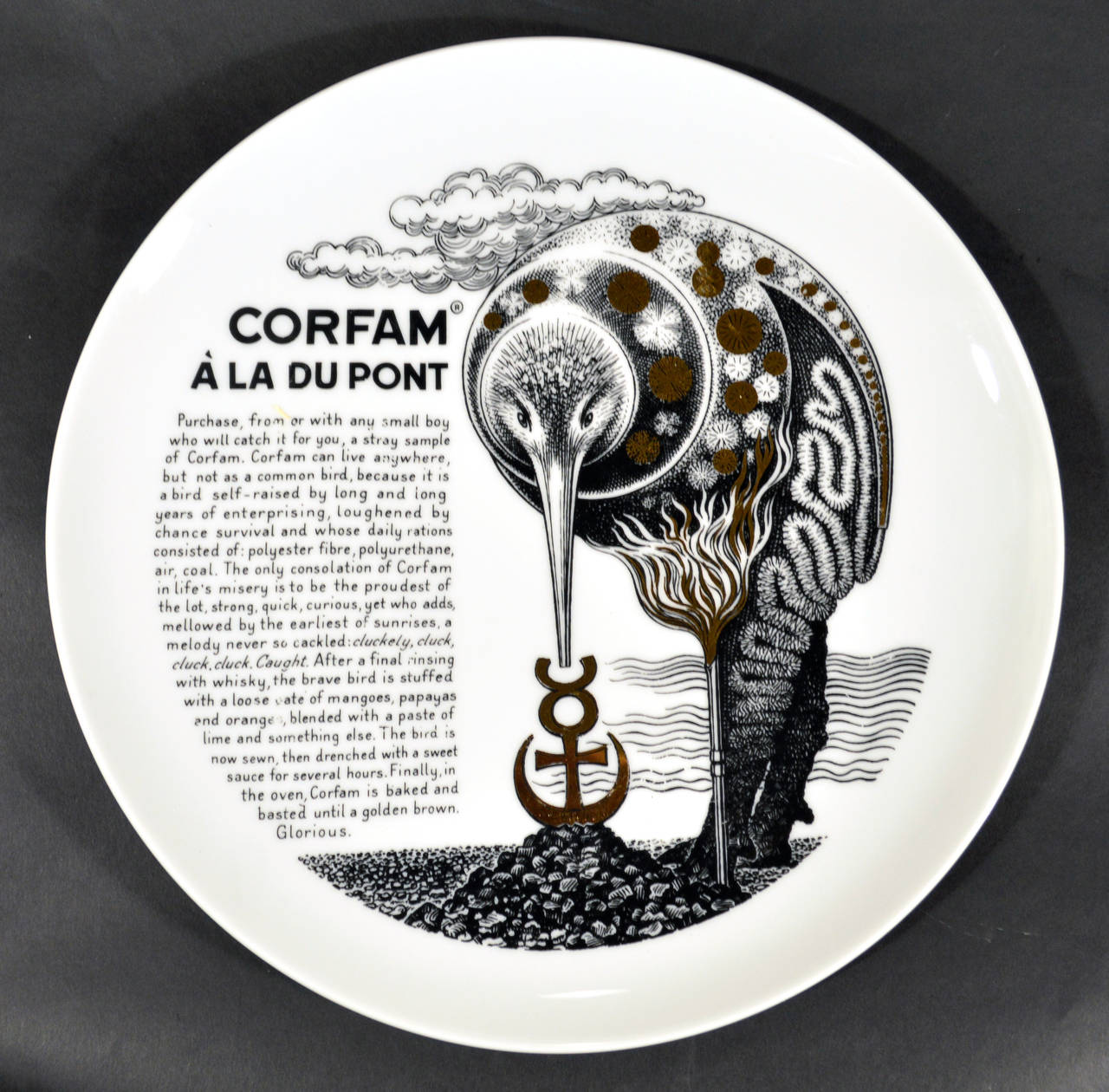 Diameter: 10 1/4.

The Fleming Joffe company was a small leather goods company in New York. Fornasetti was not the only famous artist this company worked with. Andy Warhol produced ads and copy for them as well as decorating their show booths and