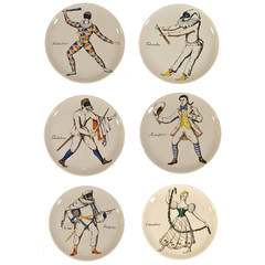 Set of Six Piero Fornasetti Plates with Commedia dell'arte Figures