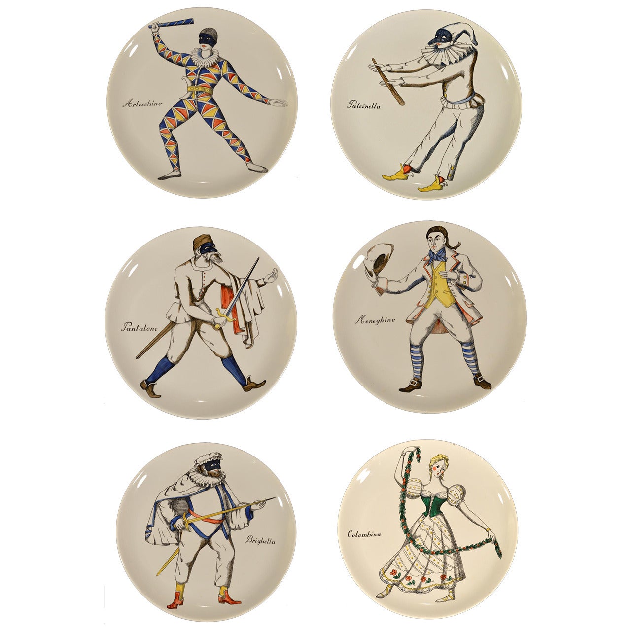 Set of Six Piero Fornasetti Plates with Commedia dell
arte Figures