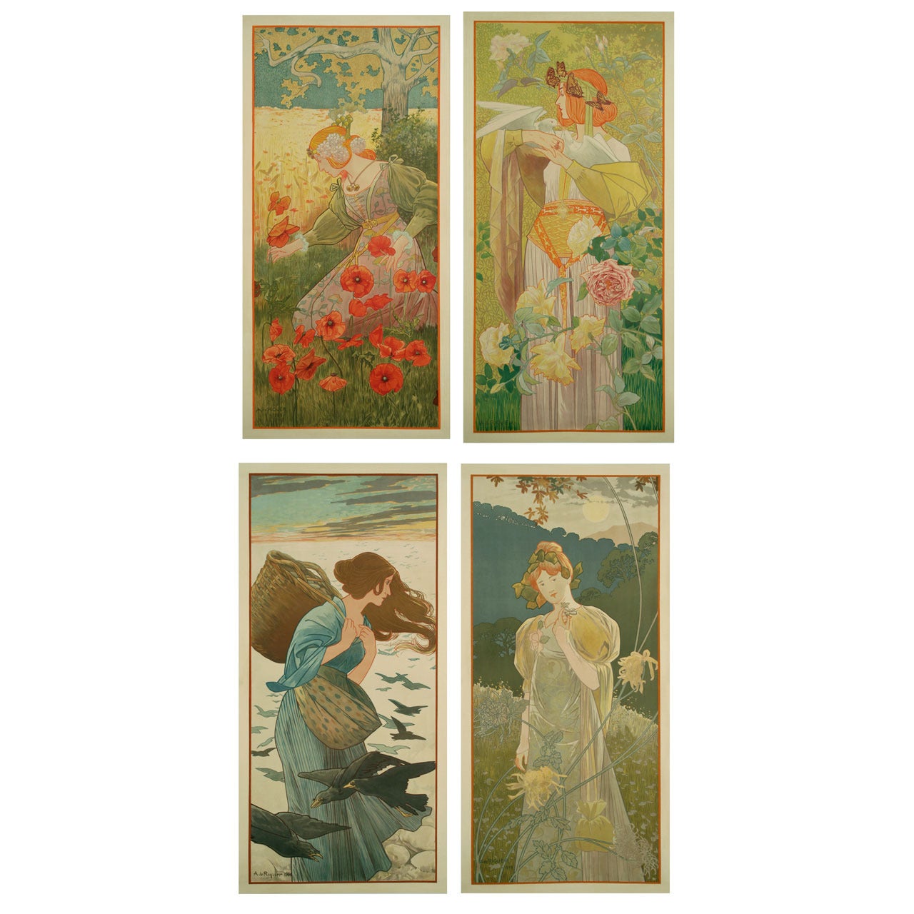 Set of Four Spanish Art Nouveau Period Lithographs by De Riquer, 1899 For Sale