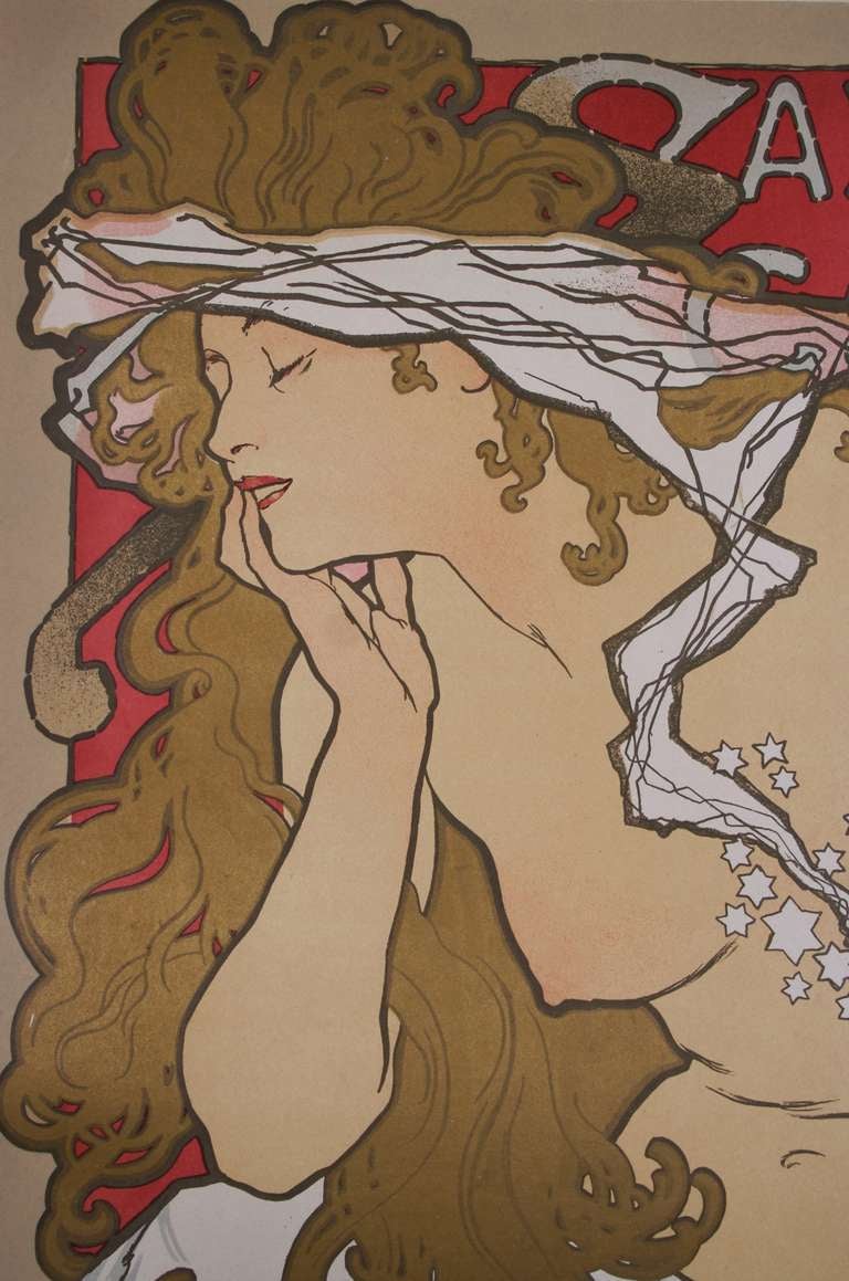 French Art Nouveau Period Exhibition poster by Alphonse Mucha, 1896 - large format (i.e. not from the maitre de l'affiche series.) This is an advertisement for an exhibition at the 