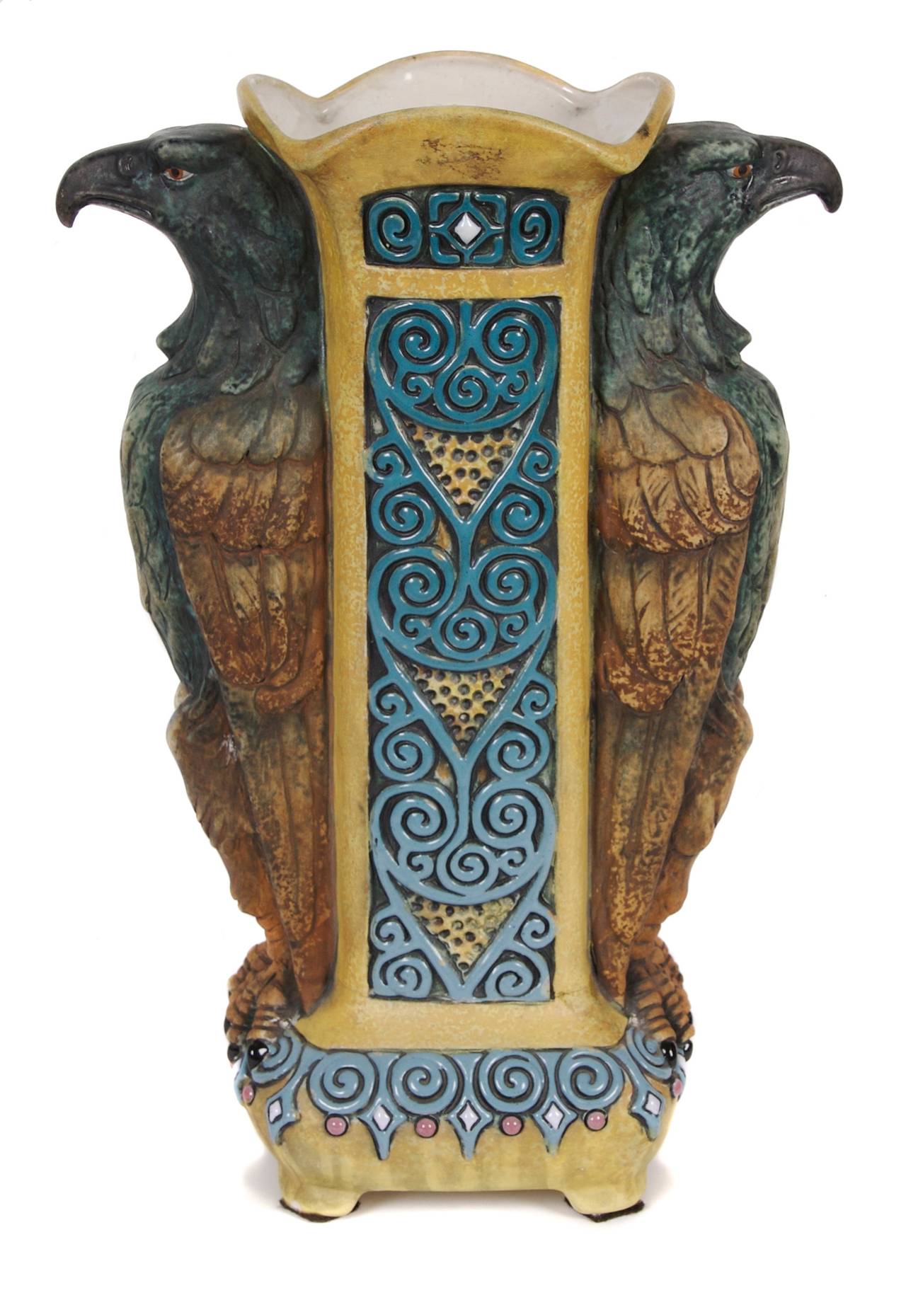 A ceramic double eagle vase produced by The House of Amphora in Czechoslovakia, circa 1918-1939. The eagle was the emblem of Moravia.