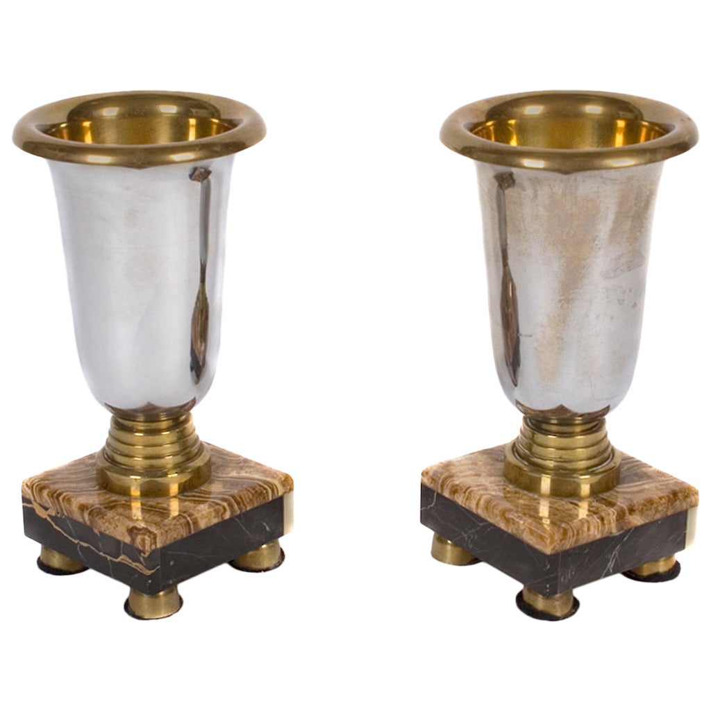 Pair of Decorative Brass Vessels with Multi Stone Base, circa 1940 For Sale