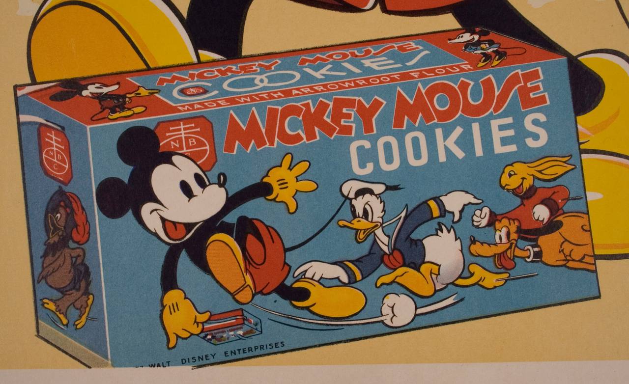 Delightful, rarely seen, vintage American Mickey Mouse poster, 1937. This is an advertisement for the "wholesome and delicious" Mickey Mouse cookies produced by the National Biscuit Company. National Biscuit was founded in 1898; in 1971,