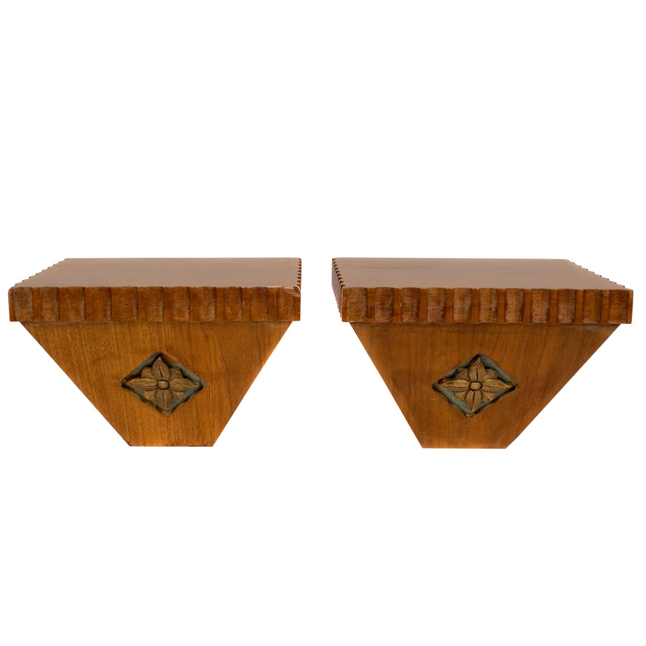 Pair of French Mahogany Wooden Shelves with Carved Decoration, circa 1930s For Sale