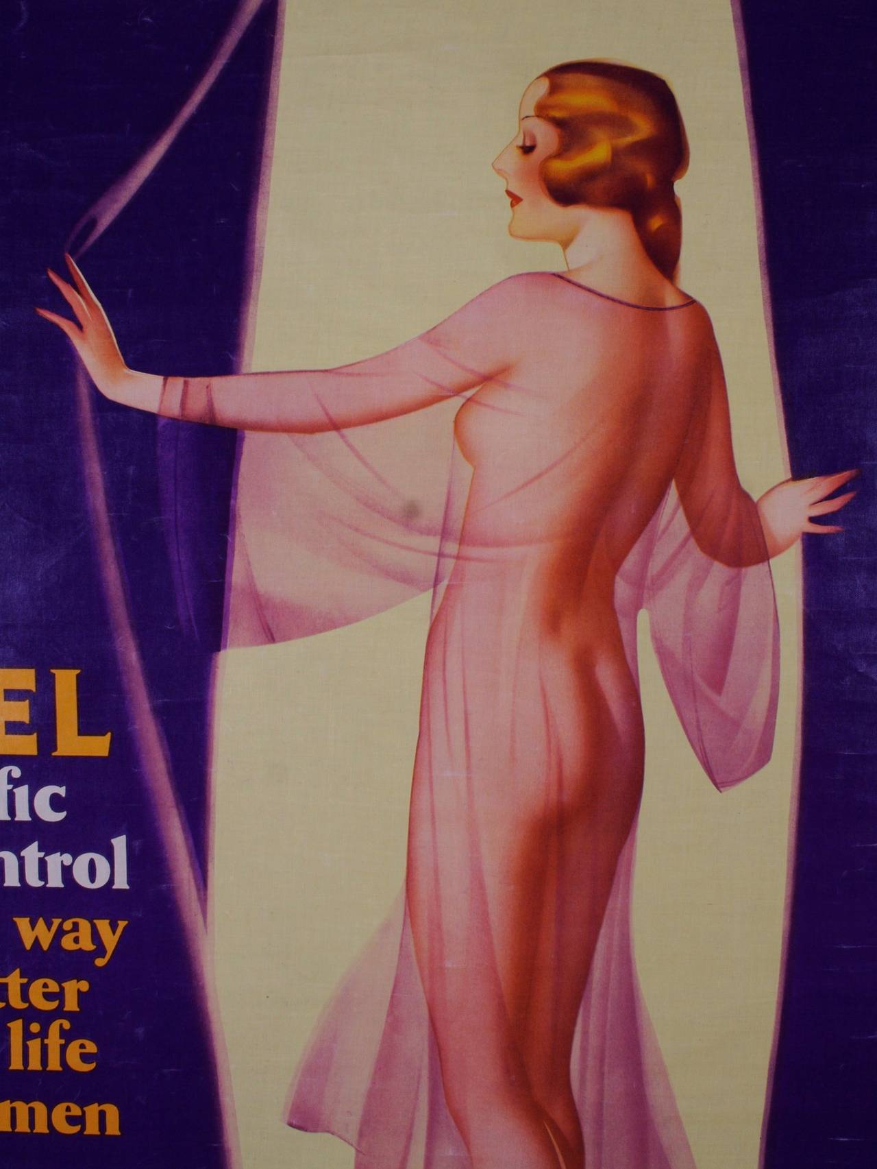 A rare American advertisement for "Va-Jel" birth control by George Petty, circa 1940. Petty (1894-1975) created the "Petty Girl," an American pin-up icon who captured the nation's heart. From 1933-1956 her likeness was seen on