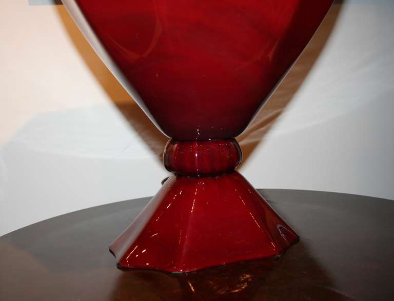 Handblown Italian Murano glass table lamp from the 1930s. Brilliant ruby red color.