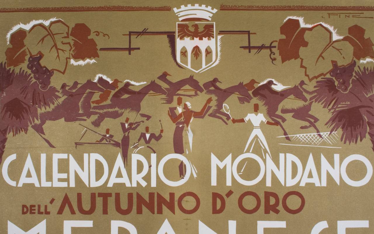 An uncommon Italian Futurist period event poster from 1938. This is an advertisement for the fall season social events being held in Merano, a town in northern Italy known for its spa resorts. Unlike the usual lithographic posters, this piece was