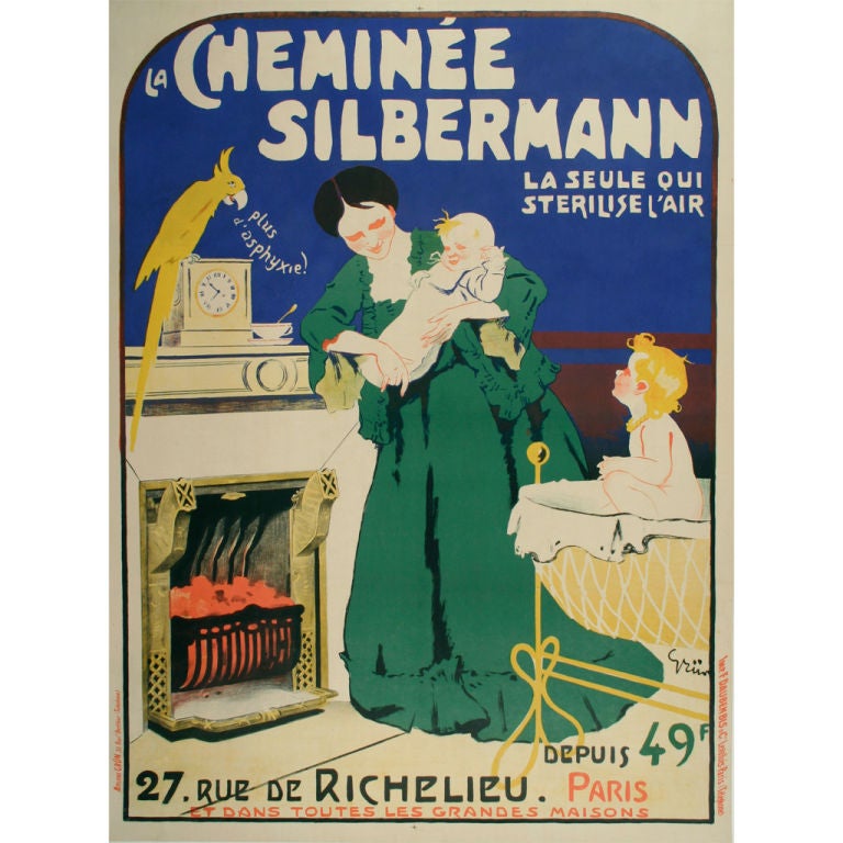 French Turn of the Century Fireplace Poster by Grun, circa 1900 For Sale