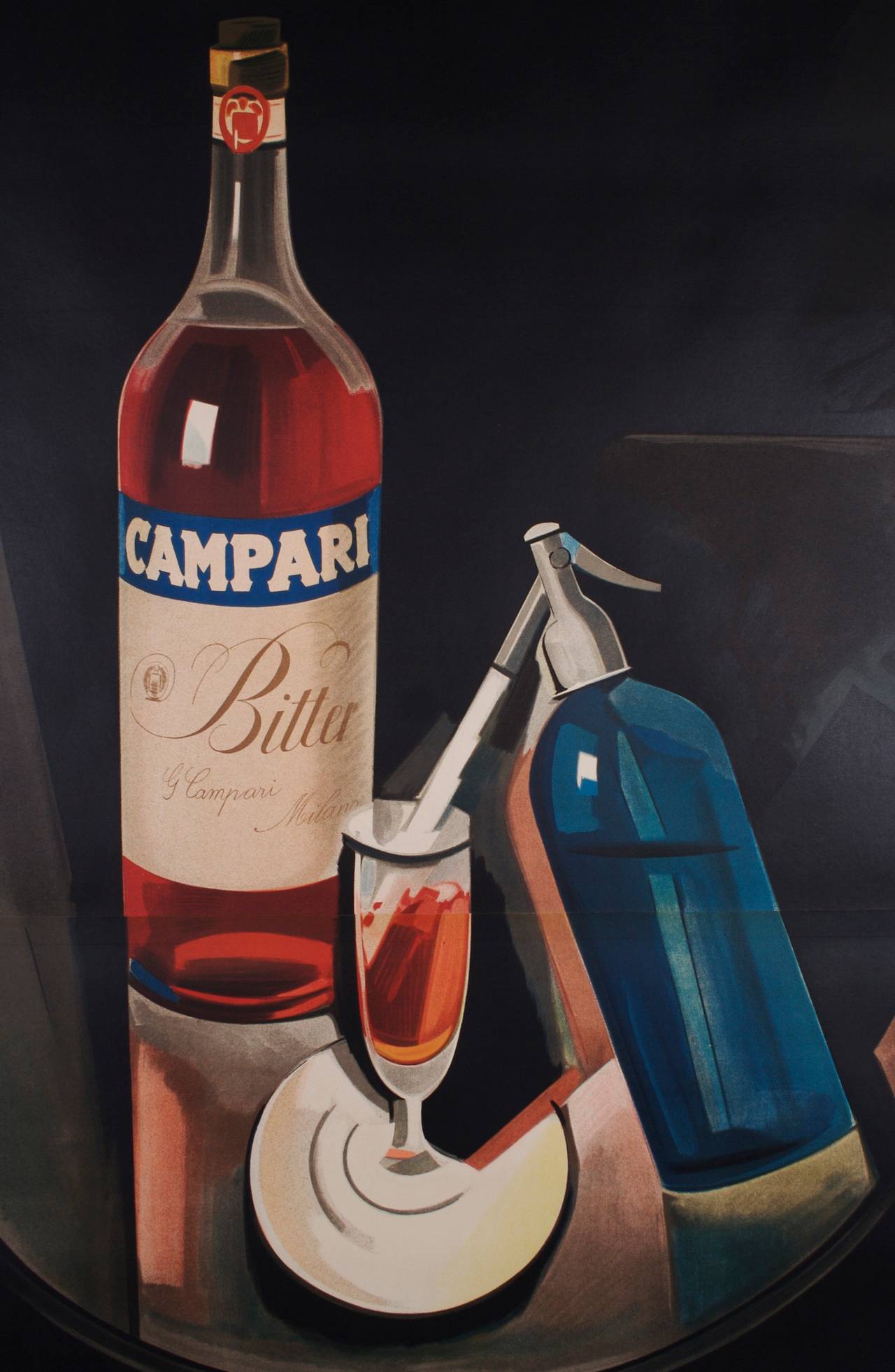 A brilliant advertisement for the Italian apertivo Campari by Marcello Nizzoli, 1926. Nizzoli (1887-1969), a painter, decorator, textile artist and posterist, was one of the artists at the forefront of the Futurist movement. He is credited with