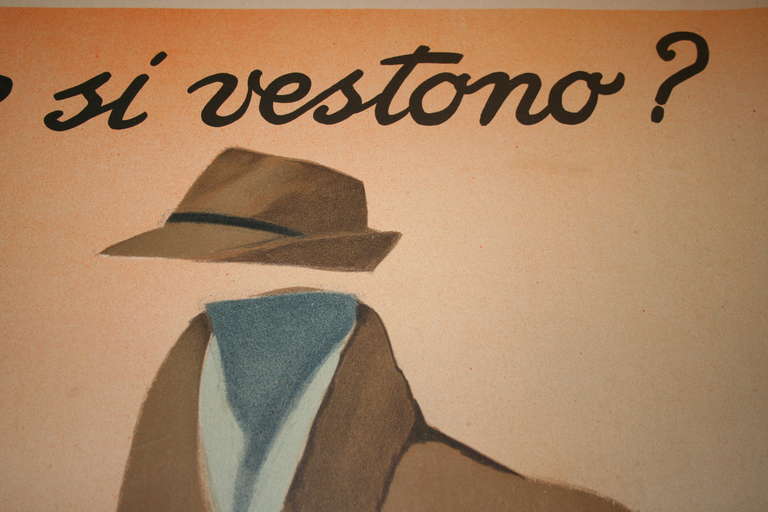 An Italian poster for the men's fashions sold at  Rinascente Department store. Marcello Dudovich (1878-1962) is considered one of Italy's greatest poster artists. He created many acclaimed advertisements for the Rinascente and Mele department