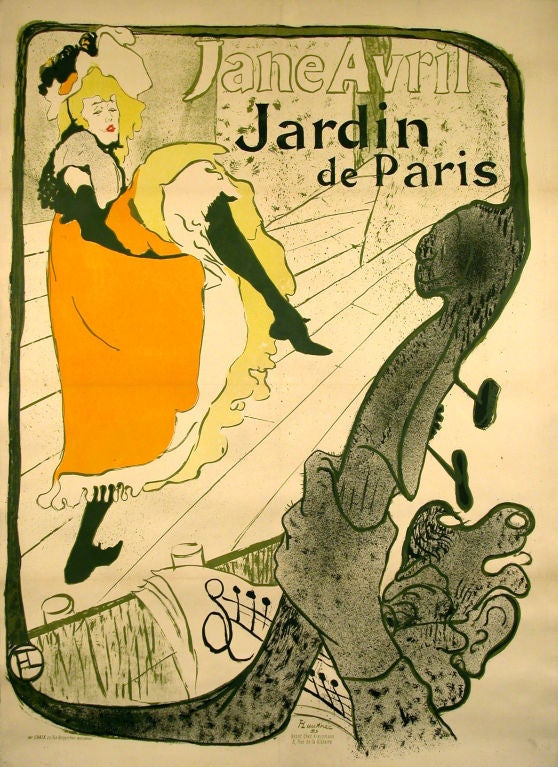 Original antique belle epoch period poster considered Lautrec's most brilliant and successful design, with its visual juxtaposition of the beautiful and the grotesque. This piece advertises the entertainer Jane Avril's headline act at the Jardin de