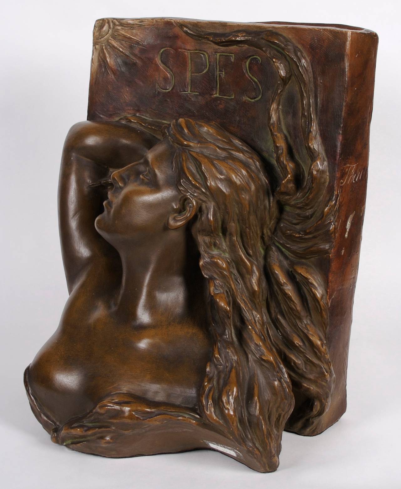 Austrian Art Nouveau period ceramic sculpture manufactured by Ernst Wahliss, 1898-1900. This is depiction of "Spes," the ancient Roman goddess of Hope.