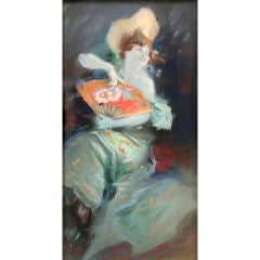 "Girl with Fan, " a French Belle Epoque Period Pastel by Jules Cheret circa 1890s