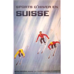 Vintage Swiss Travel poster promoting Skiing
